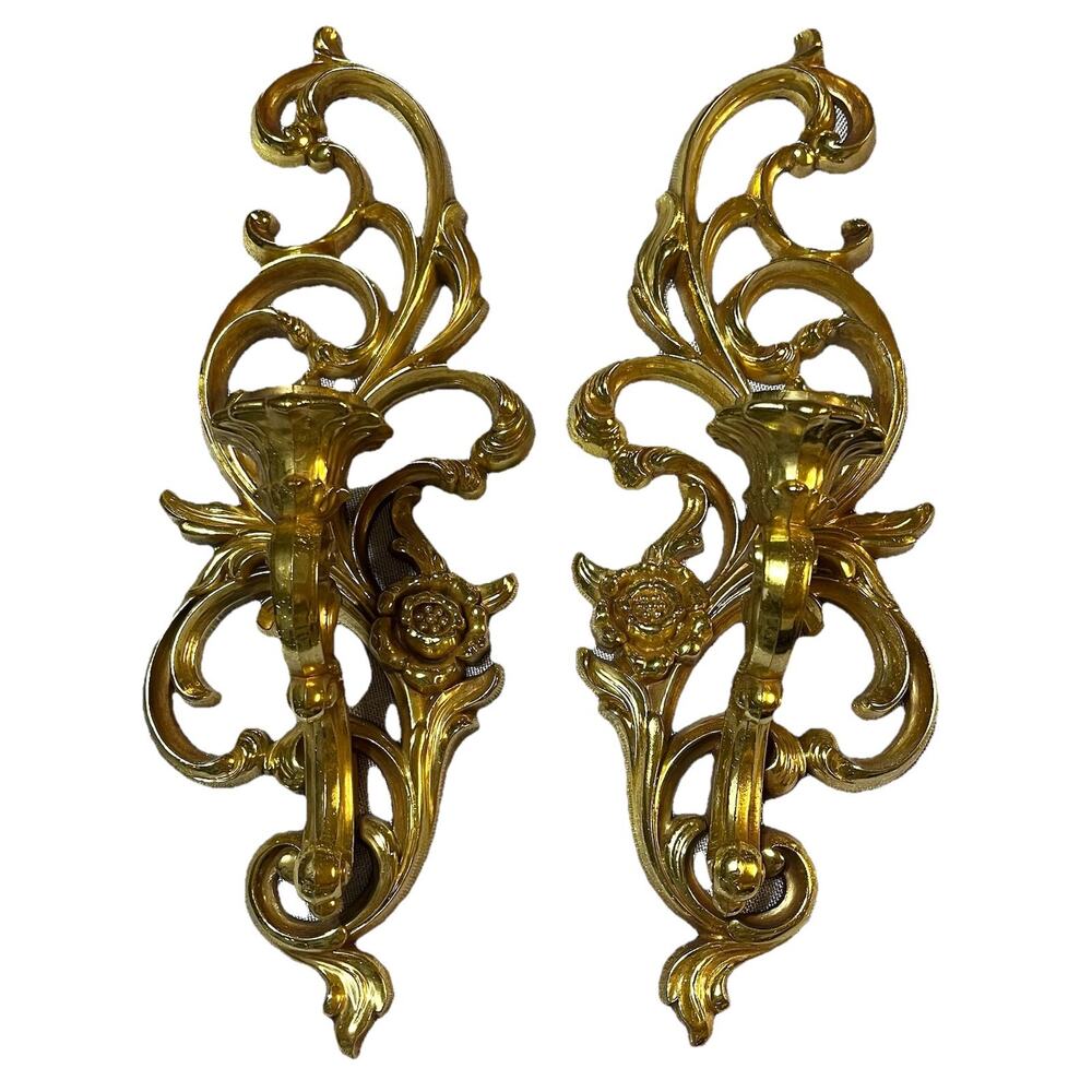 PAIR OF VINTAGE Hollywood Regency HOMCO GOLD WALL CANDLE SCONCES